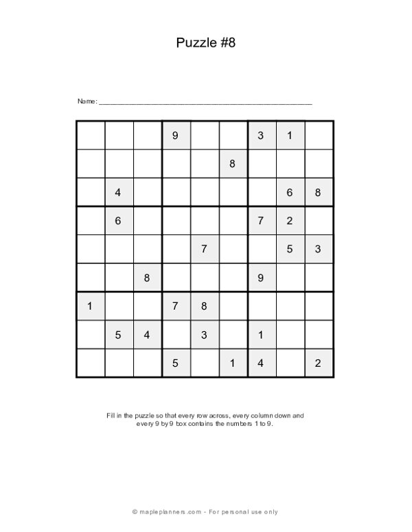 Sudoku Puzzles - 9x9 - Puzzle #8