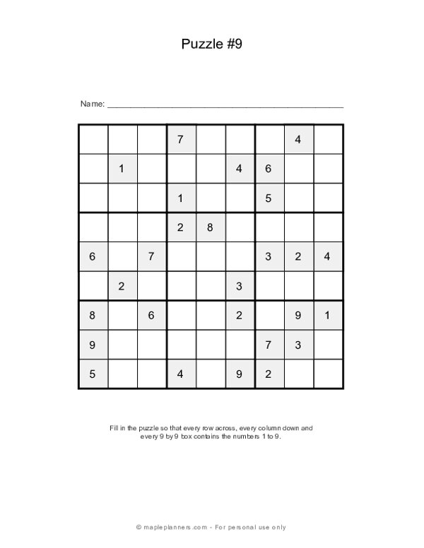 Sudoku Puzzles - 9x9 - Puzzle #9