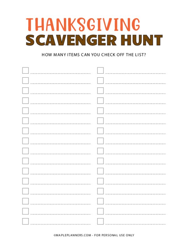 Thanksgiving Scavenger Hunt Printable - Blank