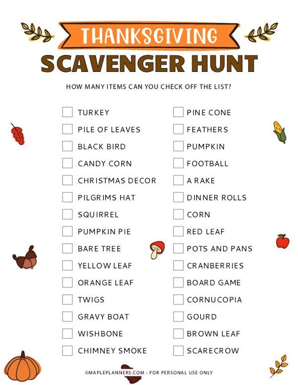 Thanksgiving Scavenger Hunt - Prefilled