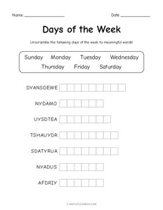 Days of the Week - Unscramble the Words