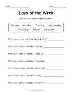Days of the Week - What day comes before?