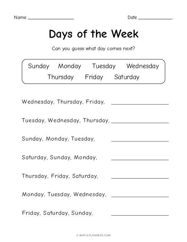 Days of the Week - What day comes next?