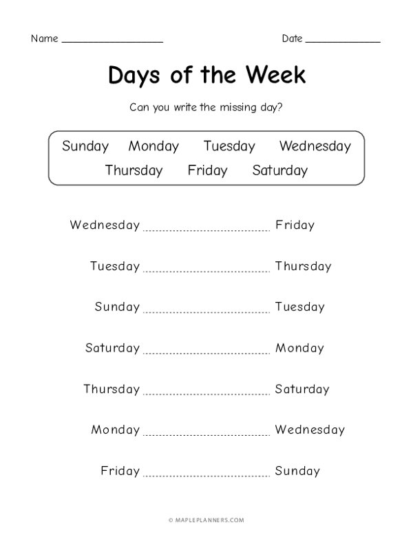 Days of the Week - Write the Missing Day