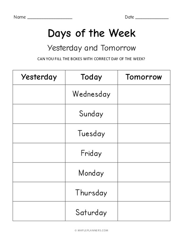 Days of the Week Yesterday and Tomorrow Worksheet / Worksheet