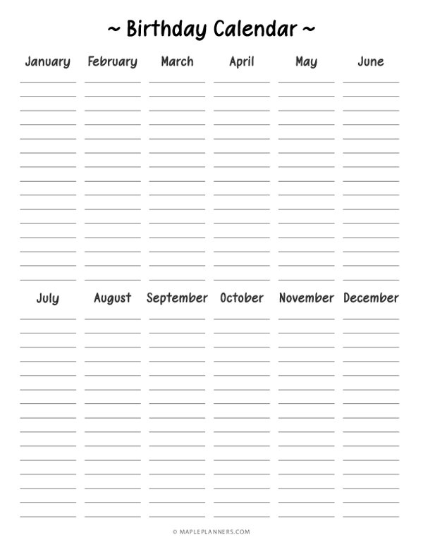 Birthday Calendar Template