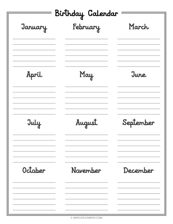 Free Printable Annual Birthday Calendar