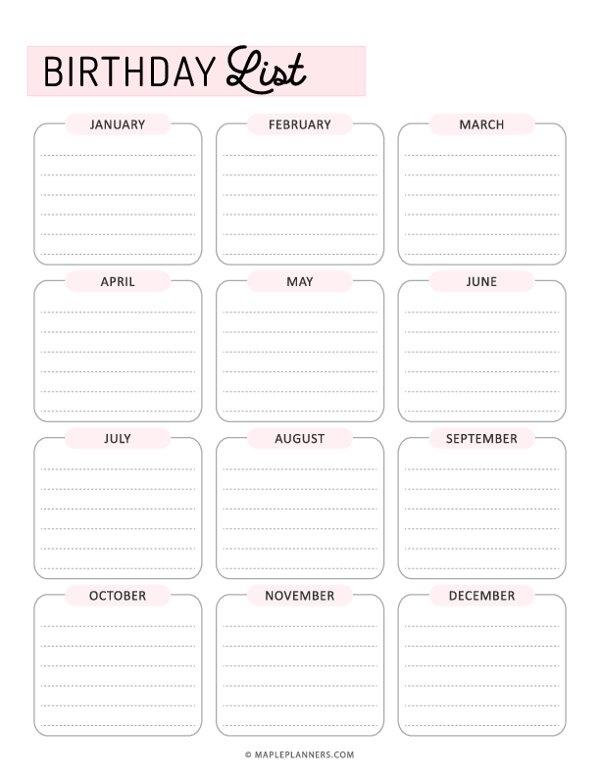 Birthday List Template