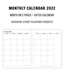2022 Monthly Calendar - Month on 2 Pages (Monday Start)