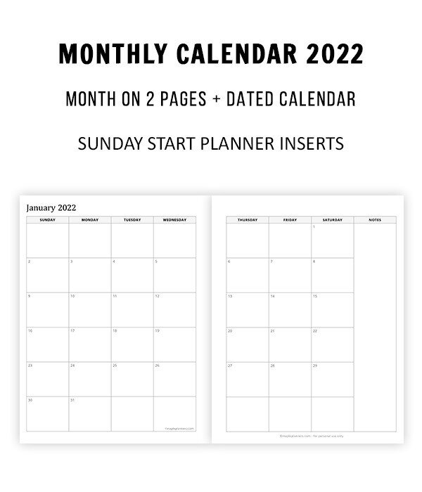 2022 Monthly Calendar - Month on 2 Pages (Sunday Start)
