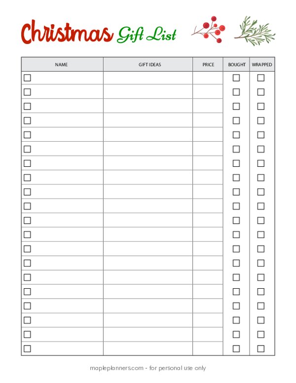Free Printable Christmas Gift List Tracker