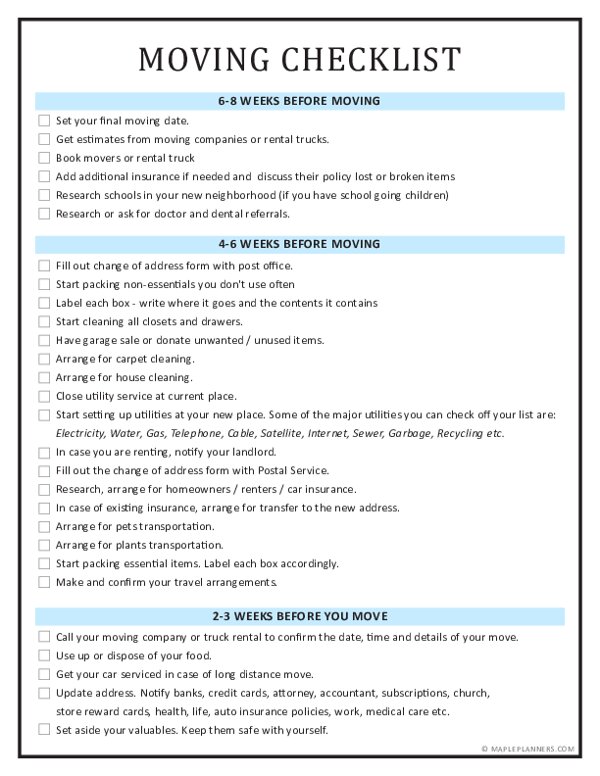 Free Printable Moving Checklist