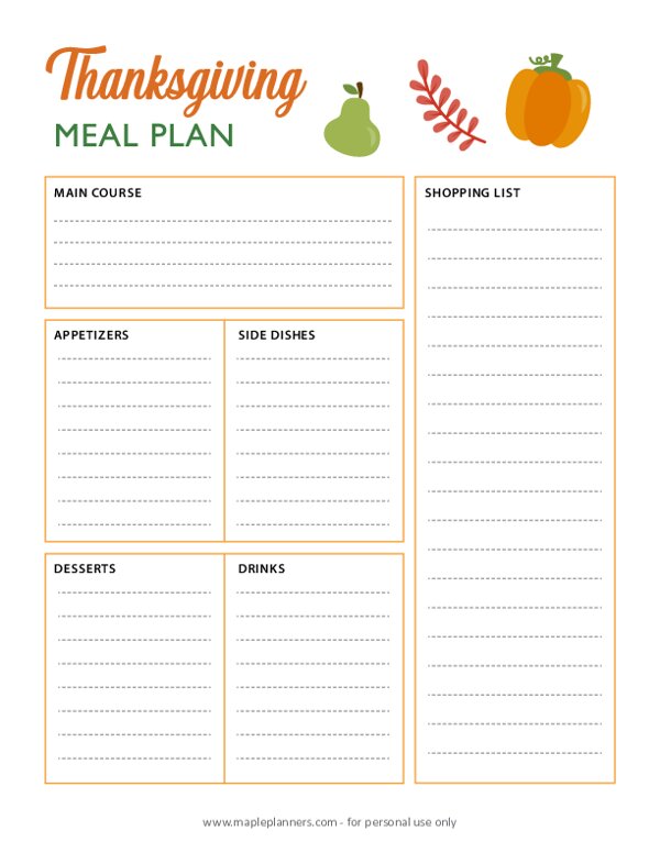 Thanksgiving Menu Planner Free Printable Meal Planner