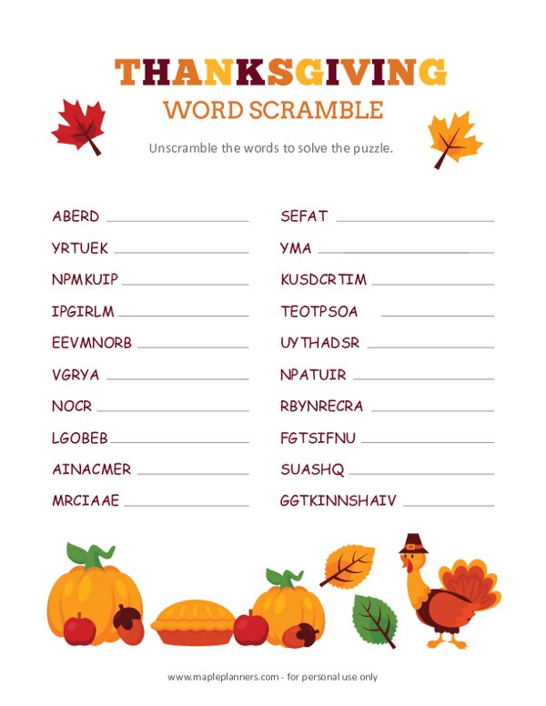 Thanksgiving Word Scramble Puzzle