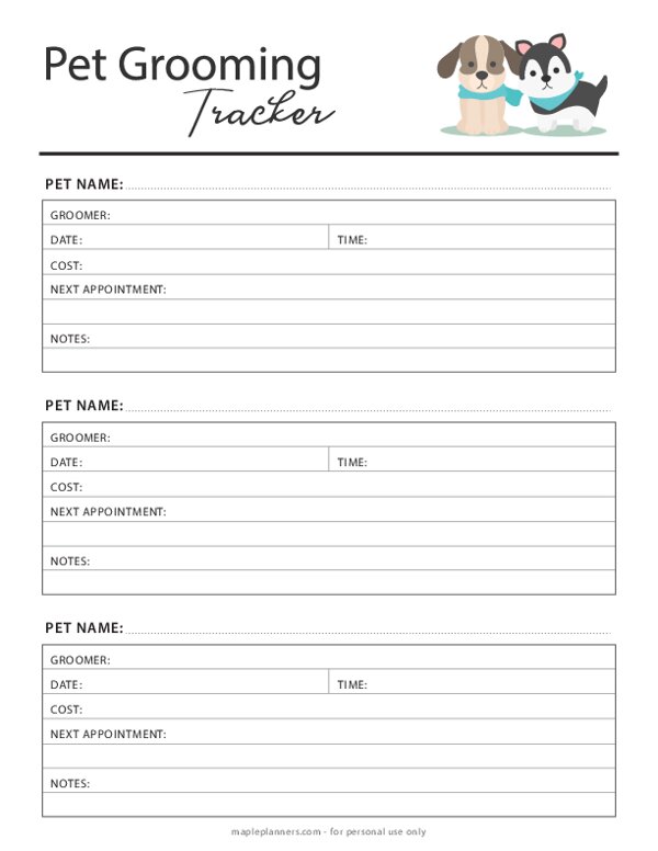 Pet Grooming Tracker Printable