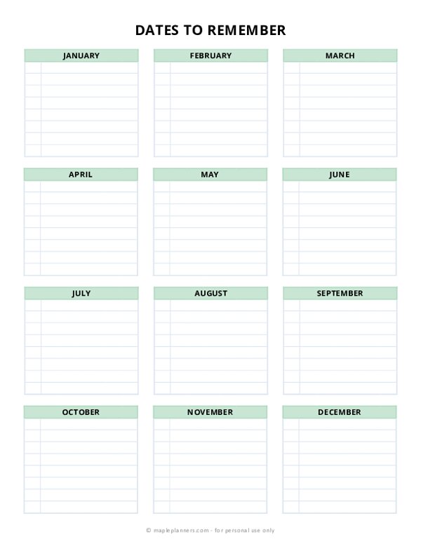 Dates To Remember Printable