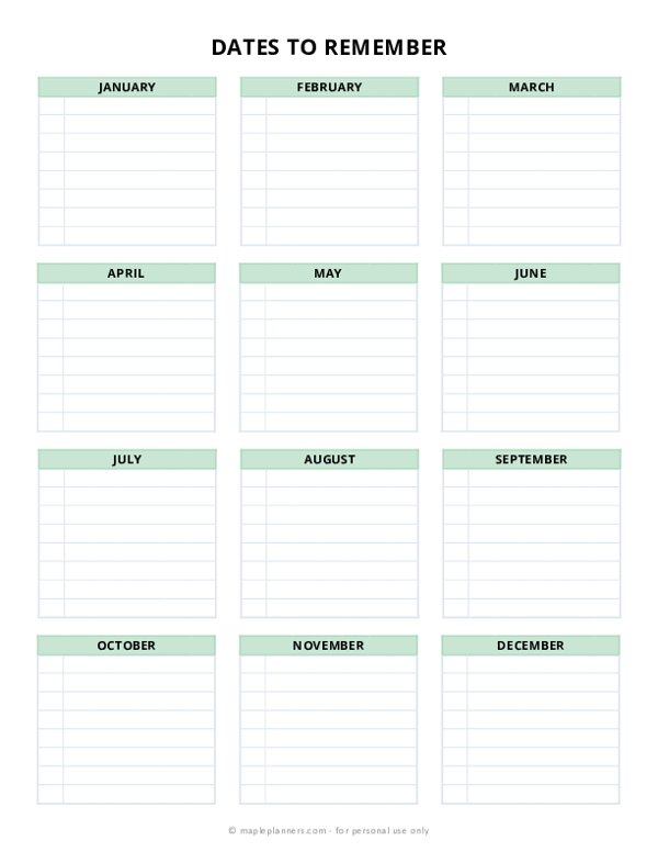 Dates To Remember Template