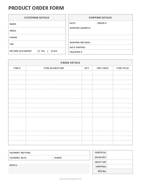 Product Order Form Template