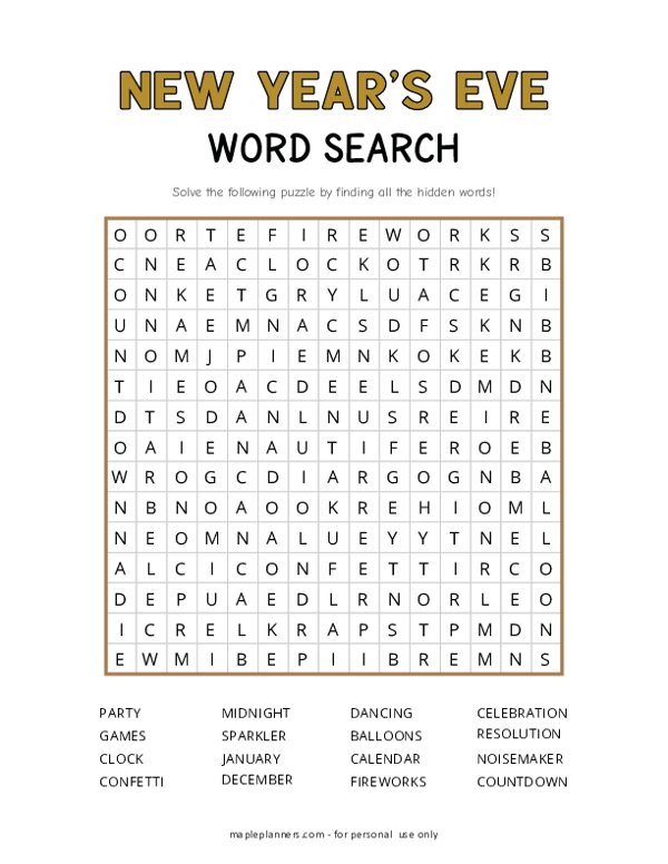 New Year's Eve Word Search Puzzle