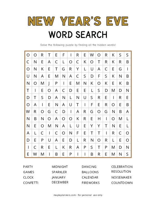 New Years Eve Word Search