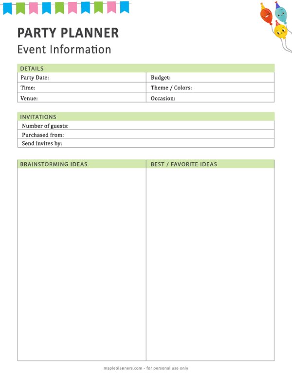 Party Planner Event Information