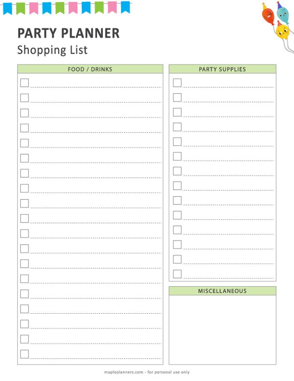 Party Planner Shopping List