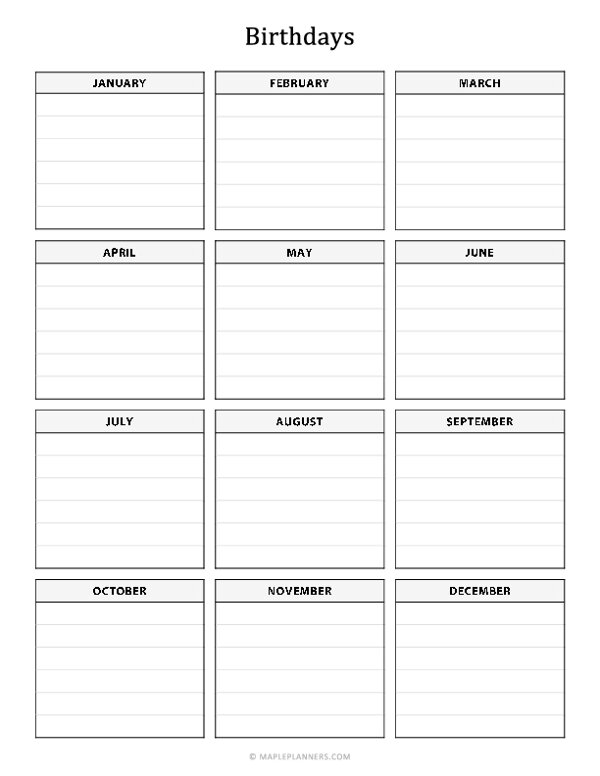 Classroom Birthday List Template