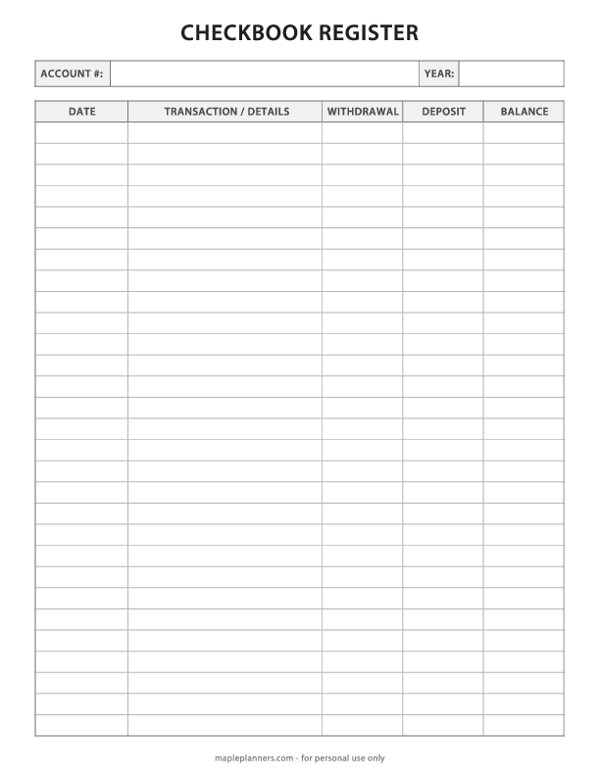 Checkbook Register Template