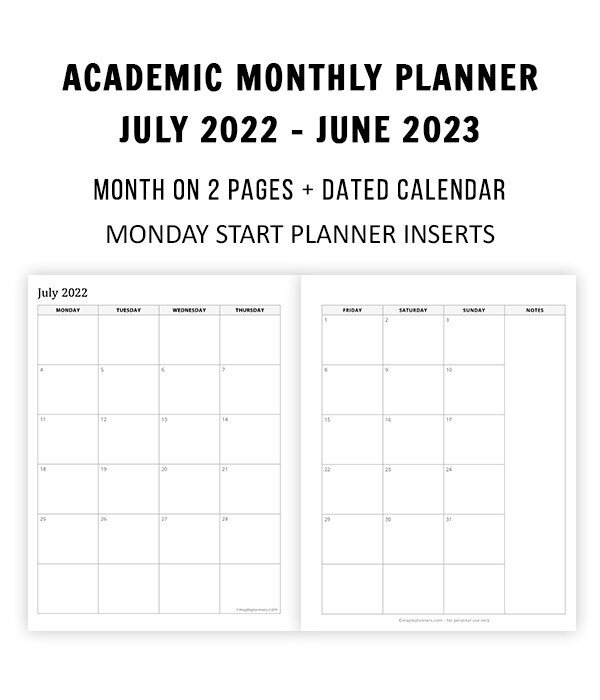 Academic Planner 2022 - 2023 - Month on 2 Pages (Monday Start)