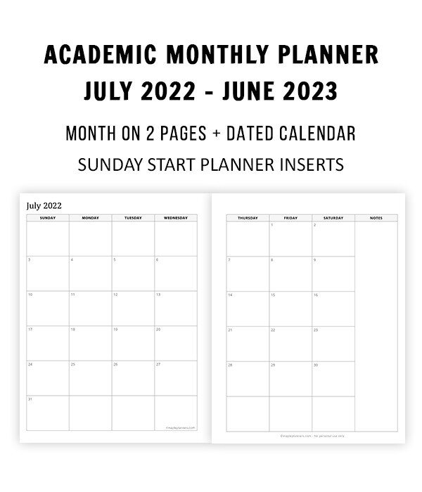 Academic Planner 2022 - 2023 - Month on 2 Pages (Sunday Start)