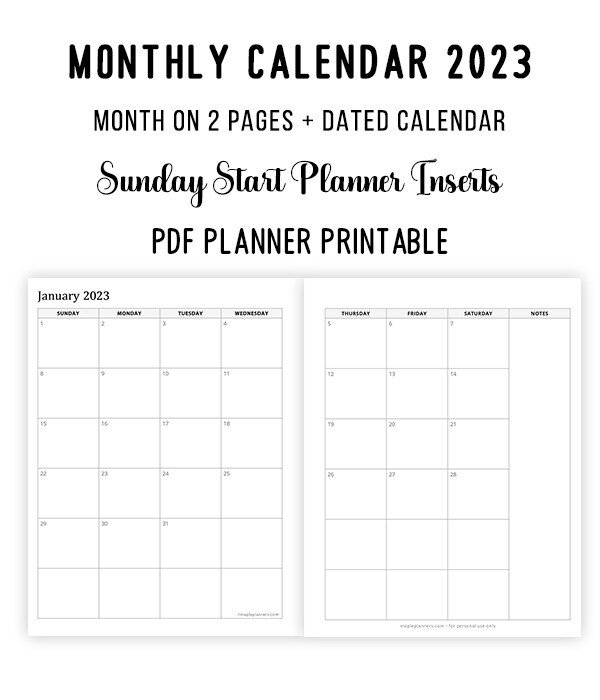 2023 Monthly Calendar - Month on 2 Pages (Sunday Start)