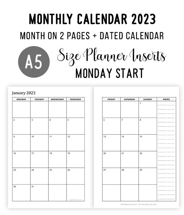 A5 Monthly Calendar 2023 - Month on 2 Pages (Monday Start)