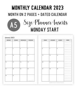 A5 Monthly Calendar 2023 - Month on 2 Pages (Monday Start)