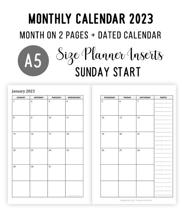 A5 Monthly Calendar 2023 Month On 2 Pages Sunday Start 