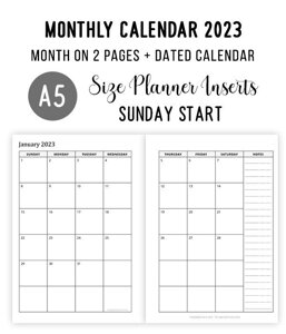 A5 Monthly Calendar 2023 - Month on 2 Pages (Sunday Start)