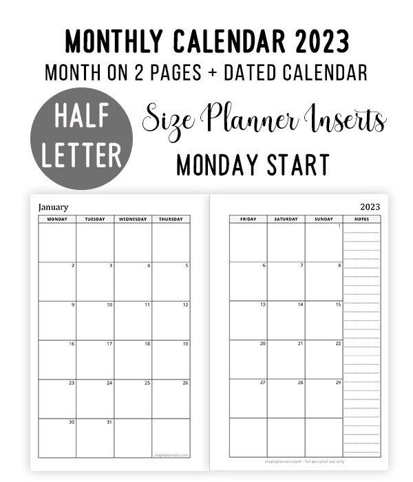2023 Half Letter Monthly Calendar - Month on 2 Pages (Monday Start)