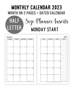 2023 Half Letter Monthly Calendar - Month on 2 Pages (Monday Start)