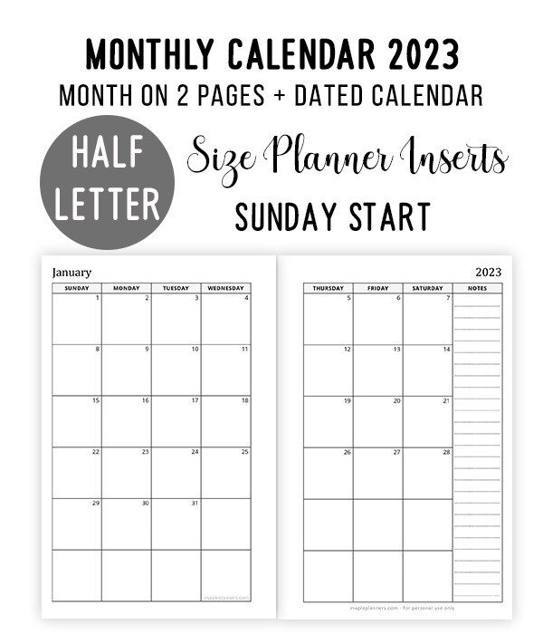 2023 Half Letter Monthly Calendar - Month on 2 Pages (Sunday Start)