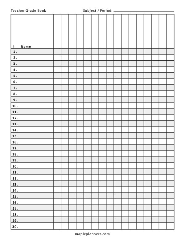 Printable Free Printable Gradebook Template