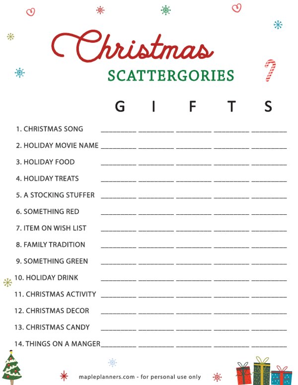 Free Printable Christmas Scattergories Gifts