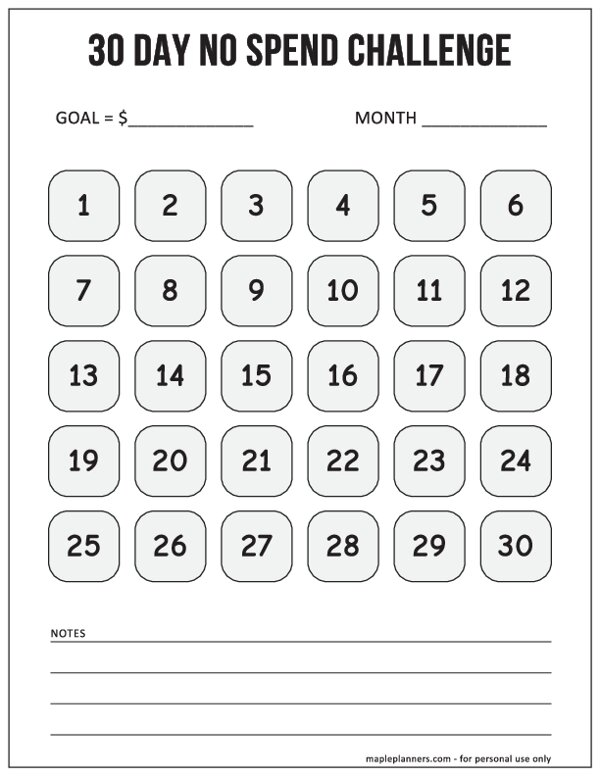 30 Day No Spend Challenge Tracker