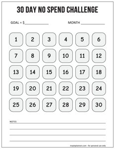 30 Day No Spend Challenge Tracker