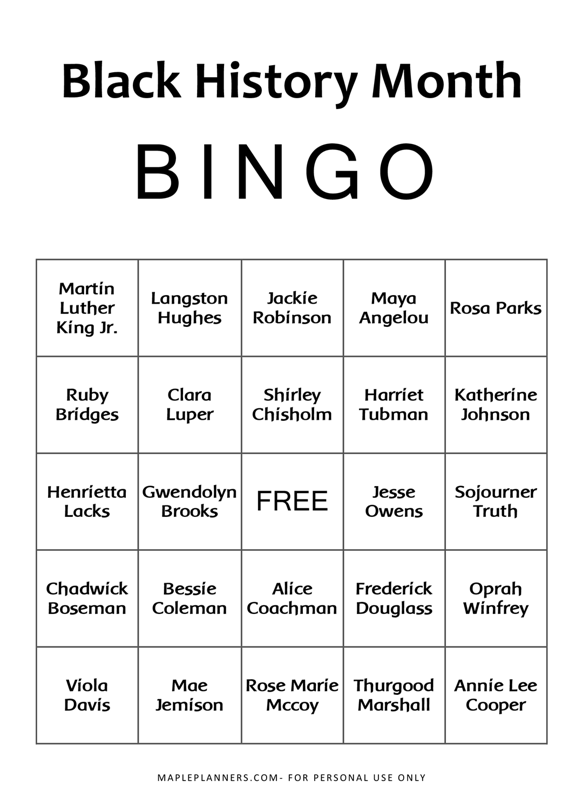 Black History Month Bingo Black History Month Bingo