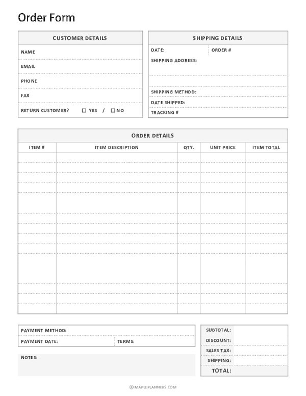 Custom Order Form Template