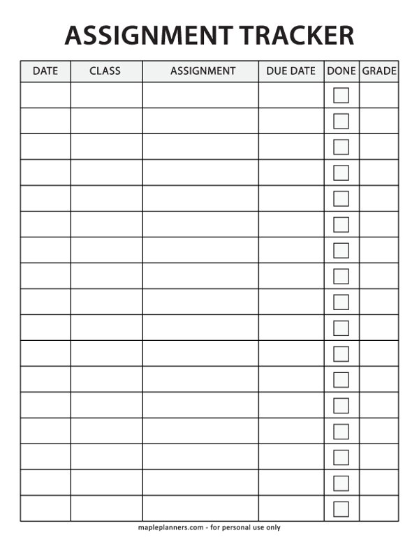 Free Assignment Tracker Printable Template