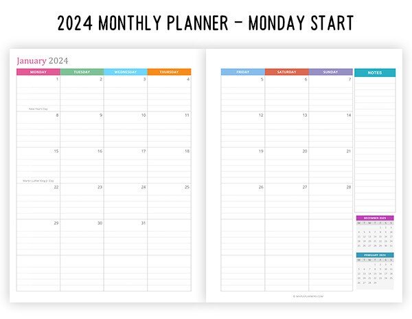 2024 Monthly Planner Calendar - Lined and Dated (Monday Start)