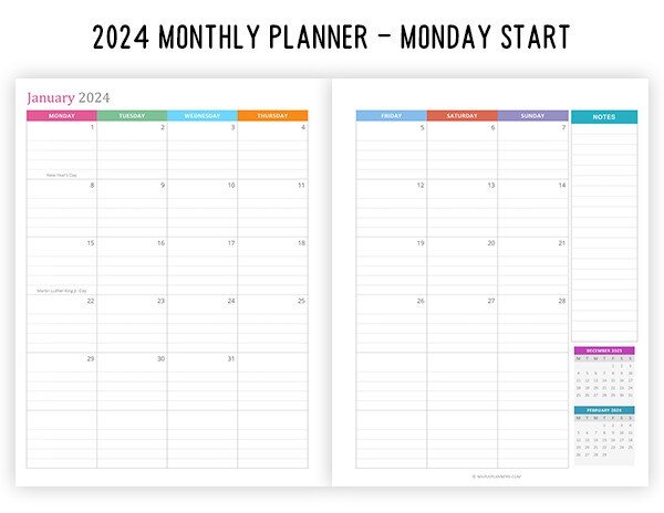 2024 Dated Planner Inserts | Monthly | Monday Start