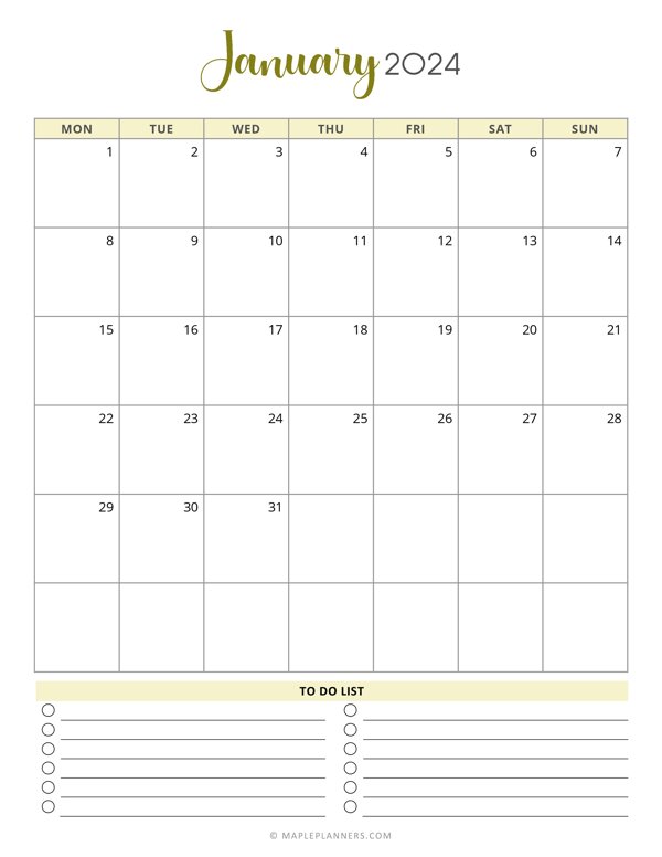 January 2024 Monthly Calendar Template - Monday Start