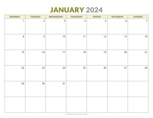 January 2024 Monthly Calendar (Monday Start)