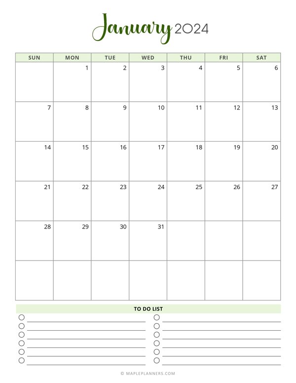 2024 January Monthly Calendar (Vertical - Sunday Start)
